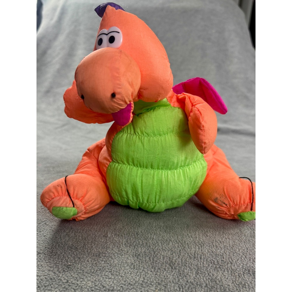 Vintage Neon Dragon Puffalump Style Nylon Plush‎ Orange Green Pink 12 Inch